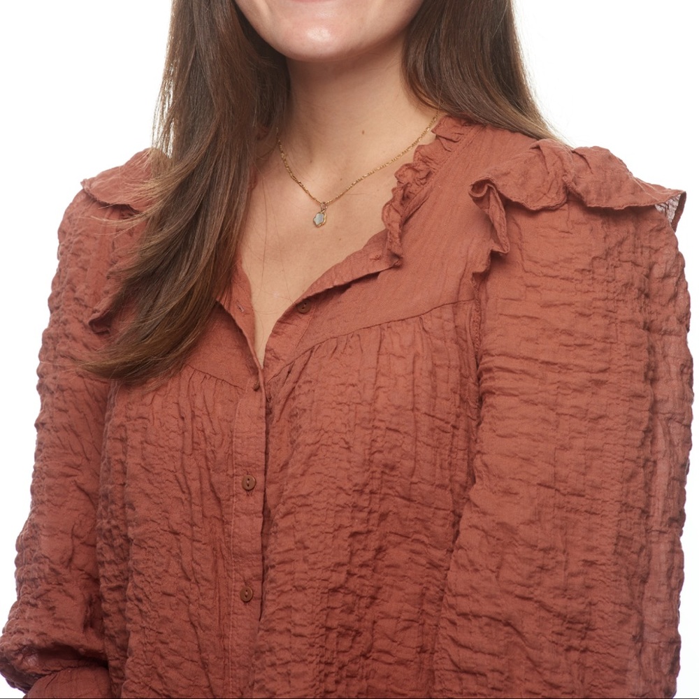 ZARA Crinkle Button Down Shirt with Ruffle Shoulder Detail - Size S